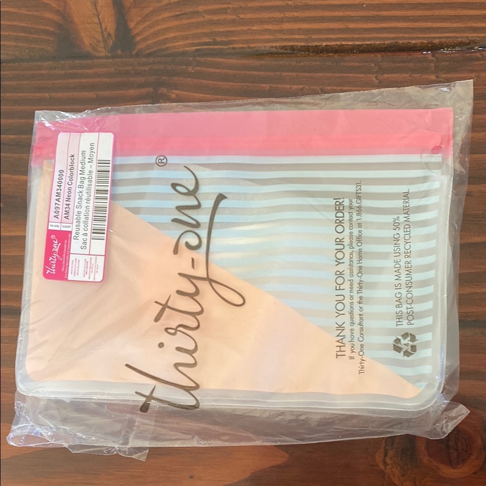 Thirty-One Medium Reusable Snack Bag / Neon Color Block Striped Pouch
